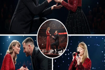 Taylor Swift stood in the middle of the stage, sparkling with lights, with a gorgeous red dress, she looked like a real queen. When Taylor was singing the climax of “Love Story”, the music suddenly stopped and the lights suddenly went out. Before Taylor could understand what was happening, a light shone straight into the middle of the stage, where she was standing, and Travis Kelce suddenly appeared. The Chiefs’ male star with sweet eyes uttered a sentence that made thousands of people there boil