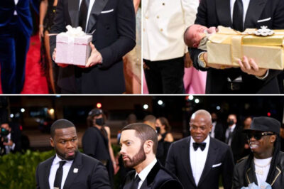 Eminem Breaks Hearts at Met Gala 2025 — Carries Grandson Down Red Carpet, But His Haunting Silence and Shocking Confession Leave Hollywood Speechless! At Met Gala 2025, Eminem stunned everyone—not with his outfit, but with his haunting silence. Holding his grandson tightly, he walked the red carpet with a blank, sorrowful expression, despite being greeted with gifts and admiration by stars like Beyoncé and Rihanna. The cameras loved him, but he barely smiled. When finally asked why he seemed so distant, Eminem gave a quiet answer that shocked the entire industry. It wasn’t about fame. It wasn’t about the glitz. It was something far more personal… and painful. What did he reveal? Why did he look so broken, even as the world celebrated him? The truth is heavier than anyone expected — and it’s just the beginning of a deeper, hidden story.