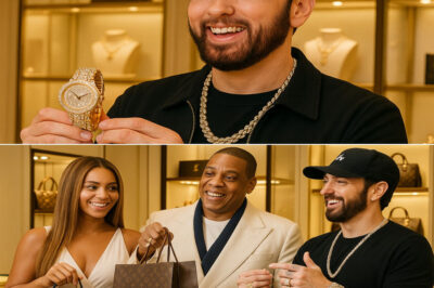 Eminem opened the door to what looked like an ordinary delivery… only to find Beyoncé and Jay-Z standing there, flanked by bodyguards and assistants hauling in a mountain of luxury gifts. Louis Vuitton trunks. Custom Off-White pieces. A Rolex wrapped in silk.