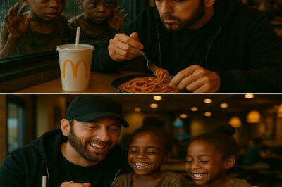 After a long day locked in the studio, Eminem stopped by McDonald’s for a quick bite — but what happened next no one could have predicted. Two young Black twin girls in yellow dresses, ignored and visibly starving, whispered something into his ear. The entire place had looked right past them, but Eminem didn’t. He called them over. And then, in front of a stunned crowd, he made a move so unexpected, so powerful, that silence fell over the restaurant. That night, what began as a routine meal turned into a moment where Marshall Mathers showed the world his truest self — not the rapper, but the man behind the mic.
