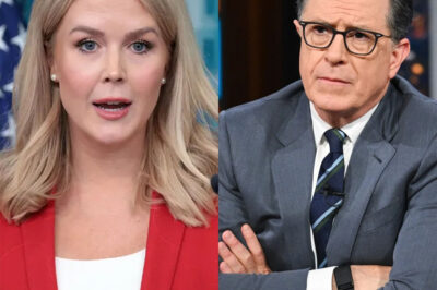 “YOUR BODY LANGUAGE JUST FILED FOR DIVORCE.” Stephen Colbert Mocks Karoline Leavitt On Live TV — Until She Dares to Mention the One Thing He Never Recovered From. One cruel joke from Stephen Colbert drew laughter—until Karoline Leavitt hit back with a question that made his grin vanish, his posture collapse, and his legacy feel suddenly fragile. What was meant to be a late-night roast turned into a quiet unraveling, and by the end, it wasn’t Karoline who looked unprepared. It was Colbert—staring, blinking, caught in a moment he never rehearsed for. Viewers didn’t just witness a debate—they witnessed the precise second performance gave way to panic. And the silence that followed? That’s what has everyone replaying the clip in disbelief.