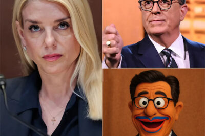 Pam Bondi didn’t just appear on The Late Show—she dominated it. In a jaw-dropping moment that had both the audience and Stephen Colbert stunned, Bondi fired back with a brutal one-liner that completely shifted the tone of the show. Colbert, known for his sharp comebacks, was speechless. Cameras captured the panic behind the scenes as producers rushed to salvage the segment. Viewers at home couldn’t believe what they were watching. Was this the most explosive moment in Late Show history?