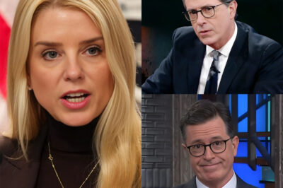 Pam Bondi didn’t just appear on The Late Show—she dominated it. In a jaw-dropping moment that had both the audience and Stephen Colbert stunned, Bondi fired back with a brutal one-liner that completely shifted the tone of the show. Colbert, known for his sharp comebacks, was speechless. Cameras captured the panic behind the scenes as producers rushed to salvage the segment. Viewers at home couldn’t believe what they were watching. Was this the most explosive moment in Late Show history?