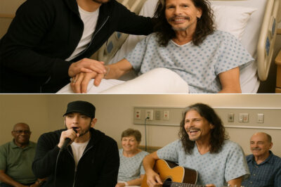 Patients And Staff At A Boston Hospital Were Left Staring In Shock When Eminem Walked Quietly Through The Ward, Not For A Show Or An Event, But To Visit His Friend — Aerosmith Frontman Steven Tyler, Who Is Recovering From A Broken Leg. Wearing A Hoodie And Sunglasses, Eminem Slipped Into The Room Without Announcement, Only For Steven’s Face To Light Up The Moment He Saw Him. “Man, You Came All This Way?” Steven Laughed, Before Eminem Pulled Up A Chair Beside The Bed. Witnesses Say The Rapper Brought A Signed Vinyl Of The Slim Shady LP With The Message: “Get Back On Your Feet — Literally.” The Two Spent Nearly An Hour Talking, Laughing, And Even Humming A Few Bars Together, Drawing Curious Glances From Nurses Passing By. Before Leaving, Eminem Gripped Steven’s Hand And Said, “The Stage Isn’t The Same Without You.” It Wasn’t A Publicity Stunt — Just One Music Legend Quietly Showing Up For Another.