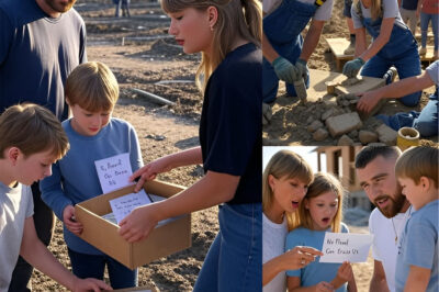 Taylor Swift and Travis Kelce quietly helped rebuild 27 flood-damaged homes in Texas—but one family’s emotional discovery took the whole mission to a whole new level. While cleaning up the debris, they discovered a secret box containing a suicide note from their late son. What was the message inside? Just five words that brought them—and the entire crew—to tears: “No flood will ever wipe us out.” What’s the story behind this incredible discovery?