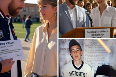 Travis Kelce and Taylor Swift made headlines with their $1 million donation to renovate Travis’s alma mater—but the most emotional moment happened far away from the cameras. When Kelce walked into the dilapidated gym at Cleveland Heights High School, he was unexpectedly hit by a wave of emotion. Amid the dust and peeling paint, an old chair stopped him. On it, a faint note read: “If no one believes in you, believe in yourself – Mom.” It was a note his mother had written years ago—when Travis was 17 and on the verge of being expelled. What happened next left the NFL star visibly shocked… and fans speechless.
