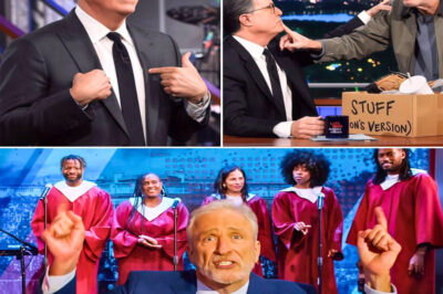 They told Jon Stewart to be nice. Instead, he stepped onstage with the chorus and blasted seven seconds that CBS would never forget. No commercials. No jokes. No warnings. Just one chant—three forbidden words—that cut through the corporate drama and sent the network into chaos.