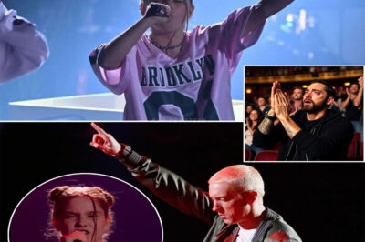 At just 15 years old, she walked onto The Voice finals stage with her heart racing and her hands trembling—but there was a fire in her eyes that wouldn’t back down. Then the opening beat of Eminem’s Lose Yourself dropped, and everything changed. She didn’t just sing—she took over. Every line snapped with razor-sharp precision, every rhyme landed like a punch, her energy tearing through the room like a storm. The crowd went wild—people jumped on their chairs, fists in the air, shouting every word alongside her. The judges were on their feet, the stage lights blazed, and the whole arena seemed to shake with the moment. Then came the shock no one saw coming: Eminem himself, the untouchable rap icon, broke his silence online to give her his stamp of approval. That night, she didn’t just win a competition—she made history, turning her name into something unforgettable.