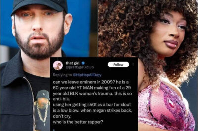 In a shocking moment at a Tampa show, Megan Thee Stallion burst into tears as an angry fan shouted a scathing accusation: “Eminem is to blame! Men exploit women’s pain for their own attention!” The crowd was stunned—what caused this outburst, and why was Eminem suddenly at the center of it all?
