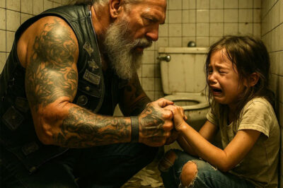 Old biker found little girl hiding in the restaurant’s bathroom at midnight, bruised and terrified, begging him not to tell her stepfather where she was.