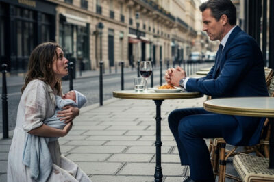 She knelt beside his table on the sidewalk, cradling her baby. “Please, I don’t want your money—just a moment of your time.”