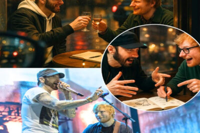 Eminem and Ed Sheeran Caught in Secret London Dinner That No One Saw Coming — Whispered Laughter, Wine Glasses, and Explosive Rumors of a Christmas Collaboration That Could Shake the Music World to Its Core!! What began as a quiet London evening turned into a firestorm when paparazzi caught Eminem slipping through the shadows of a side street — only to emerge inside a candlelit restaurant where Ed Sheeran sat waiting, glass of wine in hand and a knowing grin that screamed something big is coming. Within minutes, the intimate dinner of two global giants sent shockwaves racing through social media: laughter leaning too close, secretive smiles too long, and whispers among waiters who swore they’d never felt “such electricity” at a table before. Rumors are already spiraling that this wasn’t just a meal — it was the first taste of a holiday storm that could rewrite music history. If true, the world may be weeks away from the most shocking Christmas anthem since Mariah first claimed December, and fans everywhere are bracing for the impossible: Slim Shady and Sheeran, side by side, set to own the season.