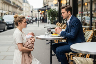 She knelt beside his table on the sidewalk, cradling her baby. “Please, I don’t want your money—just a moment of your time.” The man in the suit looked up from his wine, unaware her words would shatter everything he thought he knew.
