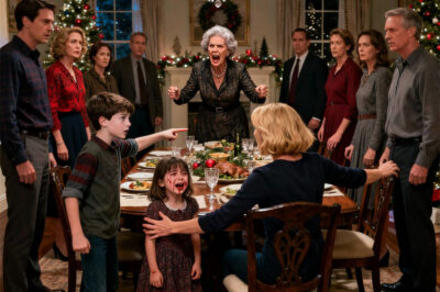 During Christmas dinner, my mother-in-law suddenly slapped my 5-year-old across the face. “Shut up — you’re just like your worthless mom,” she snapped. Everyone else kept eating, pretending nothing happened, while my daughter’s lip began to bleed. Then my 8-year-old son looked her in the eye and said, “Grandma, should I show them the bruises you told me to cover up?” The room went silent. No one moved.