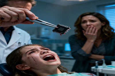 My 12-year-old daughter kept crying about the sharp pain in her jaw, barely able to eat, but my ex insisted, “She’s just losing baby teeth.” The moment he left the house, I rushed her to the dentist. As soon as he examined her, he shut off the lamp and quietly locked the door. “Stay calm,” he whispered, hands trembling as he pulled a tiny, razor-sharp object from her swollen gum. My blood ran cold. I grabbed my phone and dialed the police.