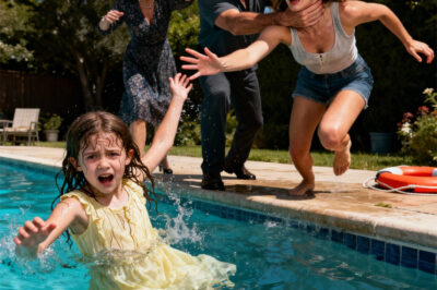 My sister pushed my daughter into the pool—still in her dress, unable to swim. I rushed forward, but my father grabbed me by the neck and forced me down. “If she can’t handle the water, she doesn’t deserve to live.” In that moment, my heart felt like it was being torn apart. After pulling my exhausted, water-choking child out, I didn’t scream. I didn’t cry. I just looked at them one last time—long, cold, and silent. Then I walked out of that house for good. They had no idea I would take away everything they ever valued… and by the next morning, they finally began to understand.