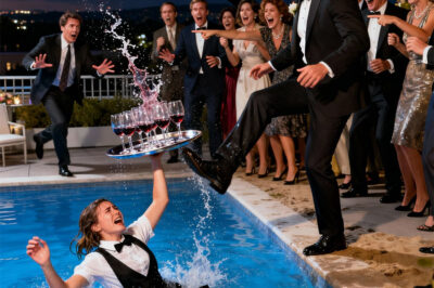 In the middle of the loud party, the poor waitress staggered under a tray full of glasses. A group of guests laughed at her and shoved her—she fell straight into the pool as laughter erupted everywhere. She struggled out of the water, soaked and shaking, while the crowd continued mocking her. At that moment, a man in a suit walked in. Every laugh died instantly when he spoke: “All of you… just lost your contract with me.” The atmosphere froze on the spot.