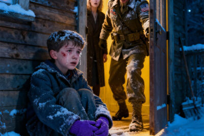 The little boy stood trembling in the heavy snow, his small hands purple from the cold, his cheeks covered in dark bruises. His stepmother shouted: “Stand there all night so you learn your lesson!” The boy sobbed: “I’m so cold… I’m sorry…” At that very moment, the door burst open. His father—a soldier—had come home early. He froze in horror when he saw his son on the verge of collapsing. He roared, his voice shaking with fury: “What have you done to my son?!” The stepmother’s face turned deathly pale—and in that instant, she knew… her reckoning had begun.