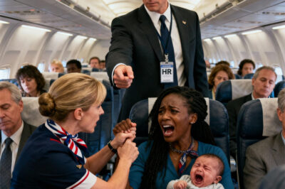 When the baby cried from an earache, the Black mother tried to soothe her child, but the flight attendant rushed over, yanked her hand away, and snapped, “You’re disturbing the other passengers. Behave yourself!” A sudden slap left the entire cabin in stunned silence—everyone turning their faces away as if nothing had happened. In the row ahead, a man in a suit slowly stood up. He held out his work badge to the attendant and said coldly, “I’m a senior HR executive for this airline. And you’ve just violated our most serious policy.” The air froze instantly.