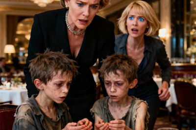 In the middle of the upscale restaurant, two scruffy little twin boys approached the table of the wealthy woman. One of them timidly asked, “Ma’am… could we have some leftover food, please?” She looked up—and her heart nearly stopped. Those eyes, that nose… identical to the two sons she had been searching for for years. Her voice trembled as she whispered, “Who… are you? Why do you look so much like their mother?” The twins looked at each other—and their reply began to unravel a devastating secret.