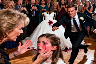 At my sister’s wedding, the music stopped abruptly when my mother slapped my little girl across the face. “Why did you spill wine on the wedding dress?!” she screamed, her voice echoing through the hall. My sister’s fiancé rushed toward us, anger blazing in his eyes. “You’ll pay for what you’ve done!” My daughter was shaking, tears streaming down her cheeks. “I didn’t do it! Please believe me!” she sobbed. But no one did. Guests whispered, cameras flashed, and my family glared at me. Then a waiter spoke nervously: “Ma’am… we can check the security footage.” At that moment, my mother’s smug look vanished, and the groom’s face paled.