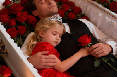 At my father’s wake, my eight-year-old sister Lily stood silently by his coffin, unmoving, uncrying—just waiting, as if he might breathe again.