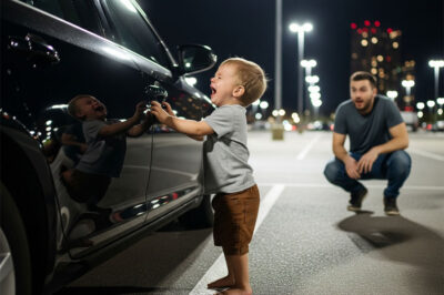 I found a barefoot toddler sobbing beside a black car — but when security checked the cameras, the chilling truth emerged: the child had never entered the premises at all
