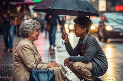 In the rain, everyone indifferently walked past the sick old woman until a black teenager stopped to help and the unexpected ending…