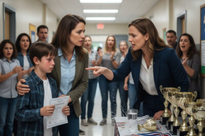 Karen screamed that my 10-year-old son was “a special-needs mistake” after he beat her precious boy in the spelling bee. She threw a chair, accused me of bribing the teacher, and shouted, “Those poor kids shouldn’t even be competing!” while recording the entire meltdown for her TikTok followers. My son cried for hours. She doesn’t know the principal showed me her file — full of prior incidents.