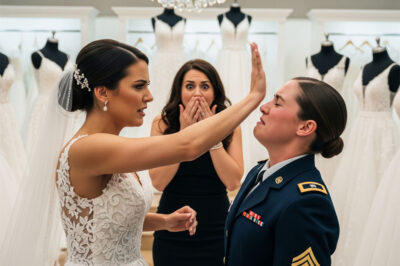 My sister slapped me across the face during her $20,000 wedding dress fitting — the one I was paying for with my combat pay. “You’re ruining my moment,” she spat. So I walked out, took out my phone, and canceled the credit card that funded her entire $500,000 wedding. Outside, I leaned against the wall and watched her perfect fairy tale start to crumble.