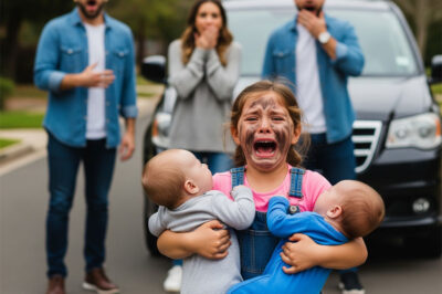 An 8-year-old girl was dragged into the street by her own aunt and uncle, clutching her feverish twin brothers after being slapped and accused of “stealing milk.” Barefoot and trembling, she begged, “Please, just let them drink… I’ll do all the work.” Their cruel reply? “Go beg on the street. This house doesn’t feed trash like you.” Neighbors hid behind curtains—until a black Lamborghini pulled up, and one man’s words changed everything forever