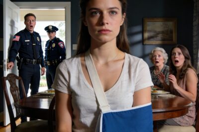 At the family dinner, I sat there with my broken arm, unable to even eat. My mother-in-law said, “My son taught her a lesson.” And his sister boasted, “She thought she was in charge.” I just smiled. Thirty minutes later, the doorbell rang, and he found out who really runs this house.