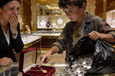 A ragged boy silently entered the luxury jewelry store and poured thousands of cold coins onto the gleaming glass. The security guard was about to throw him out, thinking the poverty covering his body was a stain in front of the wealthy clients. But in that instant, the manager stopped… because the words the boy had just spoken left the entire room in silence.