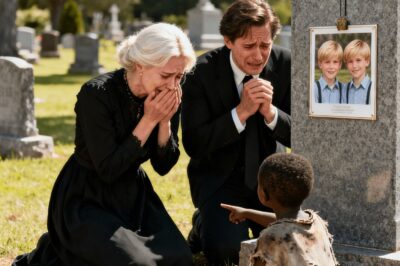 A homeless girl froze upon seeing a couple kneeling, shattered and weeping in front of the grave of their twin sons…