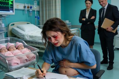 After delivering our triplets, my husband strutted into the hospital with his mistress, a Birkin on her arm, just to shame me. “You’re hideous now—sign the divorce,” he snarled. I came home with three newborns to find our house already deeded to her. Sobbing, I called my parents: “I chose wrong.” They mistook surrender—until karma struck hard two days later.