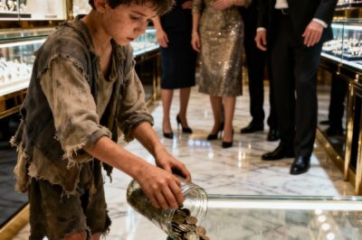 A ragged boy silently entered the luxurious jewelry store and poured thousands of cold coins onto the gleaming glass.