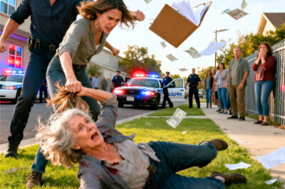 Son-in-law punched me, daughter dragged me by my hair. “Get out, here’s $3M, just disappear!” she screamed on the lawn. They thought money bought my silence. But then, sirens wailed. As police arrived, Emily’s face turned pale—they didn’t realize their nightmare was only just beginning…