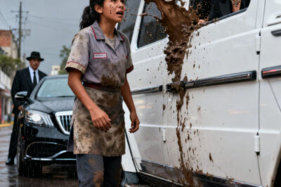 A RICH WOMAN SPLASHES MUD ON A CLEANING GIRL, UNAWARE OF WHO WAS WATCHING HER.