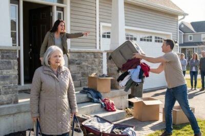 I stood frozen on my son’s porch as my suitcase burst open at my feet. ‘Get out, beggar!’ my daughter-in-law screamed, while my own son hurled the rest of my things into the yard like I meant nothing. I wanted to tell him the truth right then—that I made $80,000 a month and could buy every house on this street—but I stayed silent. A month later, when he saw my name across the street, everything changed