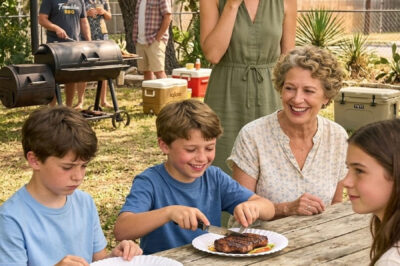 At a backyard barbecue, my nephew was served a thick, perfectly cooked T-bone steak—while my son got nothing but a charred strip of fat. My mother laughed, “That’s more than enough for a kid like him.” My sister smirked and added, “Honestly, even a dog eats better than that.” My son stared down at his plate and quietly said, “Mom… I’m okay with this.” An hour later, when I finally understood what he meant, my hands wouldn’t stop shaking.