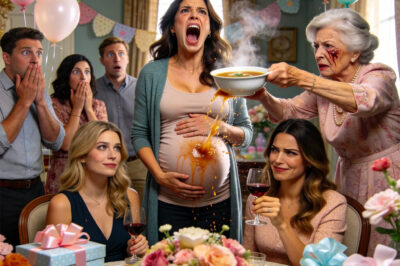 My mom laughed during my baby shower and said, “My other daughter can’t have children, but you get to be happy?” Then she grabbed a bowl of boiling soup and threw it directly onto my pregnant belly. I screamed in pain, clutching my stomach. My sister raised her glass and smirked, “You deserve this.” But what they didn’t know was that real consequences were already on the way.