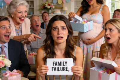 At my sister’s baby shower, my seat card said “Family Failure.” My mother laughed and said, “It suits you, doesn’t it?” The room burst into laughter as my sister started unwrapping my gift. But the moment she opened the next box, her smile vanished, and the room fell silent.